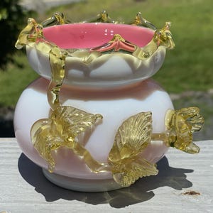 Antique English Blown Glass Applied Uranium Flower Victorian Stourbridge Vase