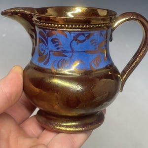 Antique 19th C English Copper Luster Blue Floral Band 3-1/4&quot; Creamer Pitcher Jug