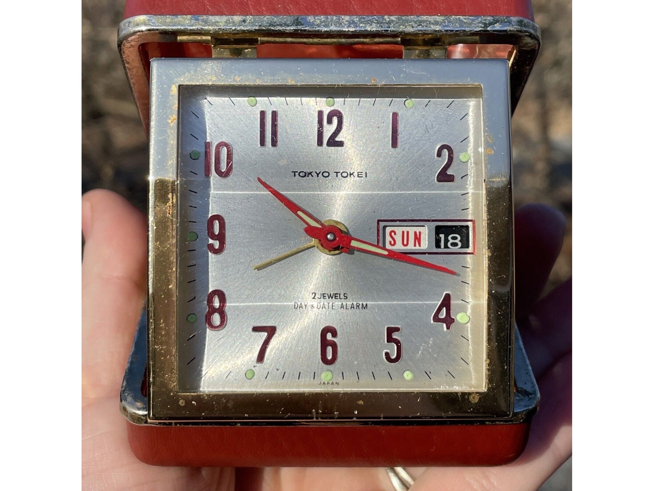Vintage Tokyo Tokei 2 Jewels Red TESTED - Works - Alarm Folding