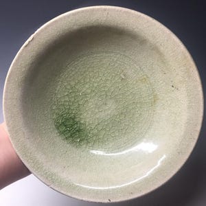 May include: A light green ceramic bowl with a crackled glaze. The bowl has a wide rim and a shallow depth.