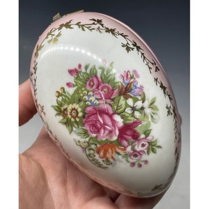 Retro Porcelain Hand Painted Egg Shaped Jewelry Trinket Box Vintage French Rose