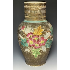 Antique Victorian - Edwardian Textured Ceramic Vase w/ Hand Painted Flowers