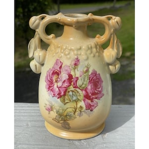 Antique Art Nouveau Porcelain Vase w Cherry Fruit Handles Victorian 19th C Decor