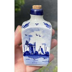 Vintage 20th C. Delfts Holland Hand Painted Blue Tin-Glazed Dutch Mini Bottle
