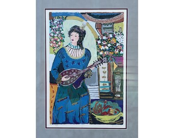 May include: A colorful print of a woman in a blue dress playing a lute. The woman is surrounded by flowers and other decorative elements. The print is framed in a gray mat.