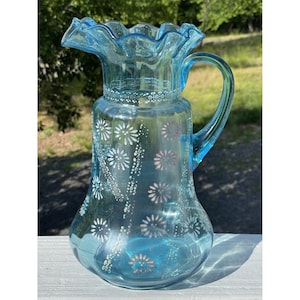 Cute Antique Victorian Blue Paneled Glass Lemonade Water Pitcher 19th C. Flowers