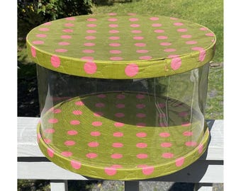 Large 1940s 1950s Vintage Hatbox Quilted Round Clear Sides Polka Dot Mid Century