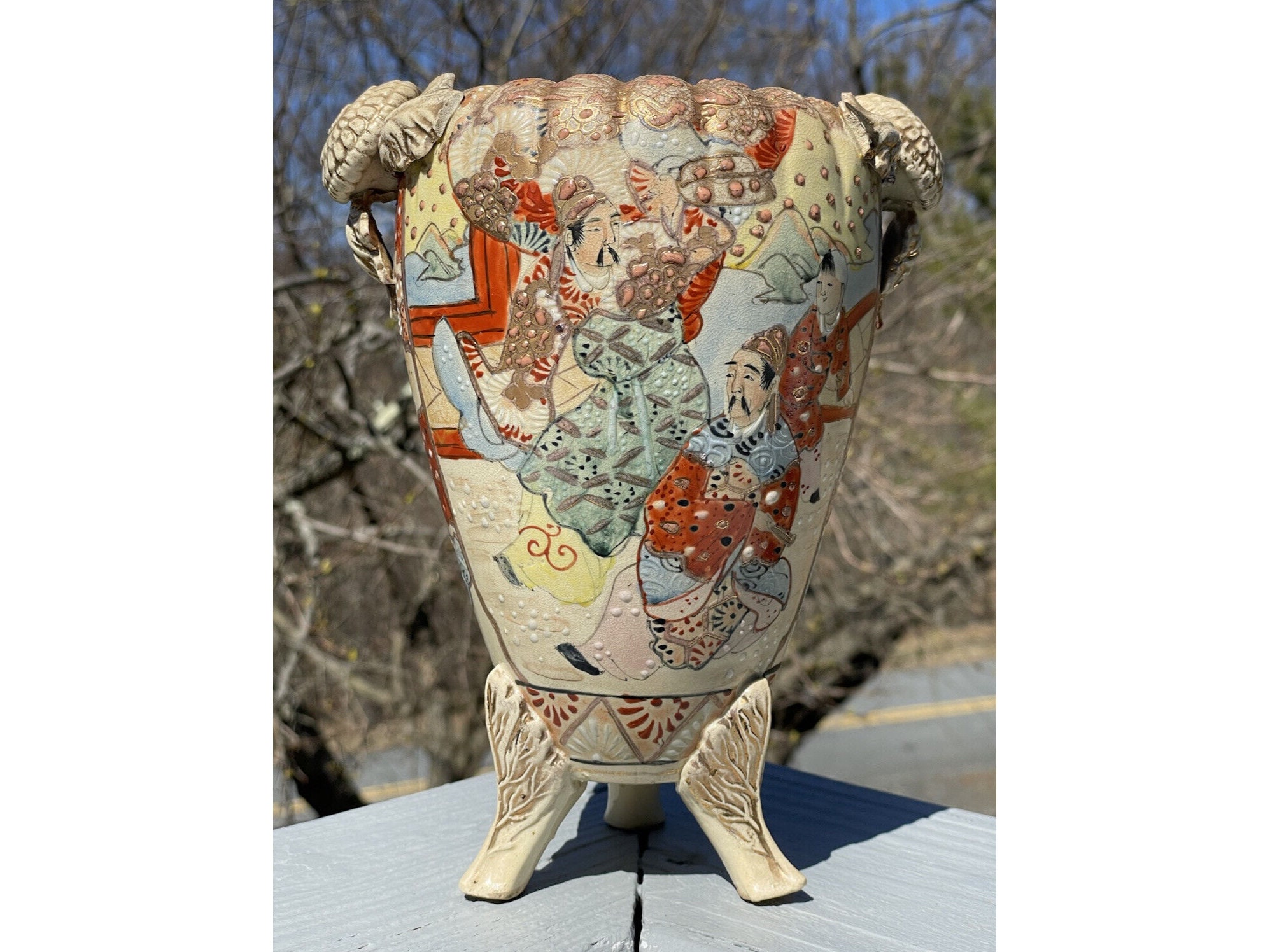 色絵 草花紋 花瓶 明治 京 薩摩 高21.6cm(LC503) アンティーク 19 世紀 日本製 明治薩摩琺瑯 三脚壺 花瓶 底足付き