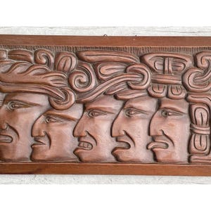 Vintage 20th C Folk Art Honduras Wooden Carved Pre-Columbian Face Wall Panel Art