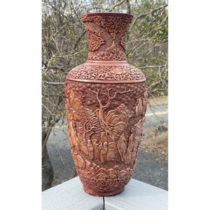 LARGE Chinese Vintage Composite Vase Cinnabar Asian Art Decoration