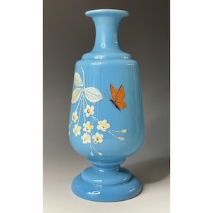 Antique 19th C. English Blown Blue Bristol Glass Hand Painted Victorian Vase