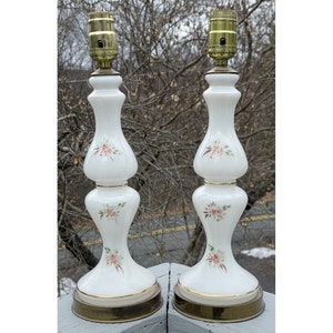 Pair of Mid-Century Modern White Glass Table Lamps Cottage Chic Vintage Decor