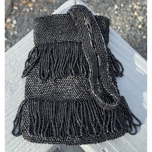 Antique - Vintage Early 20th C. Black Beaded Flapper Art Deco Glass Purse Bag