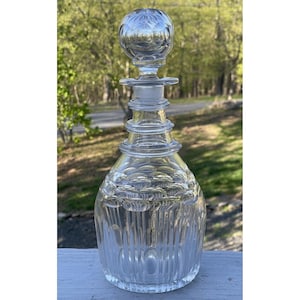 Antique 3 Three Ring Glass Georgian Decanter Bottle Wine Wheel Faceted 19th C.