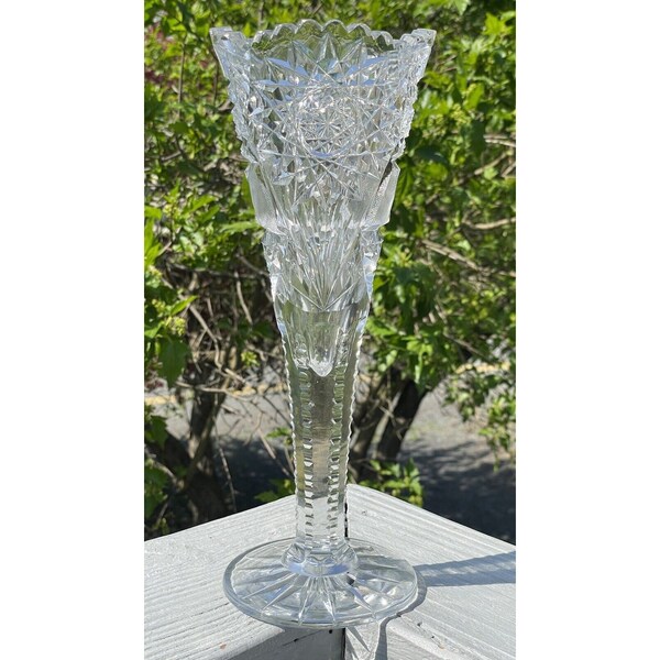 Antique American Brilliant Period Cut Glass 12" Trumpet Vase 19th - Early 20th C