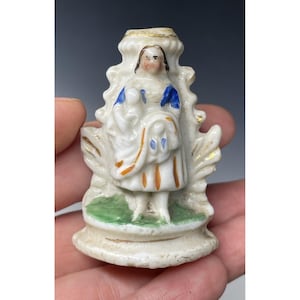 2-1/4&quot; Antique Miniature Staffordshire Porcelain Polychrome Woman Figurine 19th