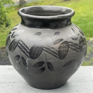 RETRO Vintage Folk Art 1970's Fazekas Nadudvar Hungarian Black Pottery Jar Vase