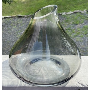Vintage Modern Blown Glass Polished Smokey Gray Vase Retro Slanted Decor