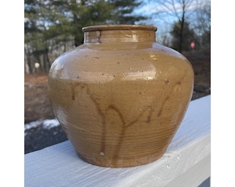Antique Beige Brown Drip Glazed Flower Vase Jar Asian Chinese Thai Sankampaeng