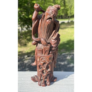 Antique - Vintage Chinese Asian Hand Carved Wooden Figurine Old Man Japanese