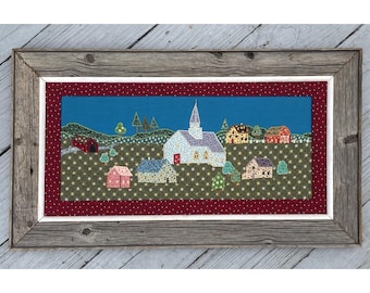 Vintage Quilted Folk Art Wall Hanging Landscape Scene Primitive Rustic Americana