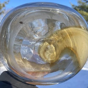 May include: A clear glass bottle with a textured surface and a gold liquid inside. The bottle has the word "Anthropologie" printed on the bottom.