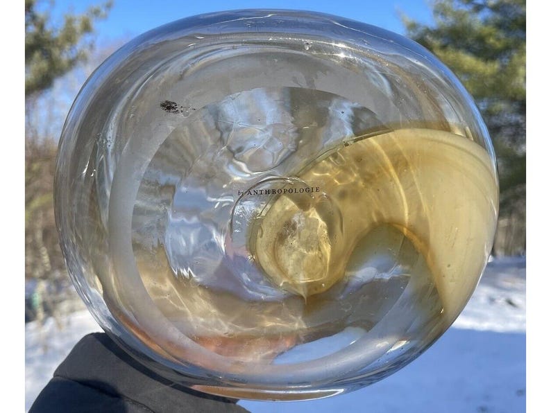 May include: A clear glass bottle with a textured surface and a gold liquid inside. The bottle has the word "Anthropologie" printed on the bottom.