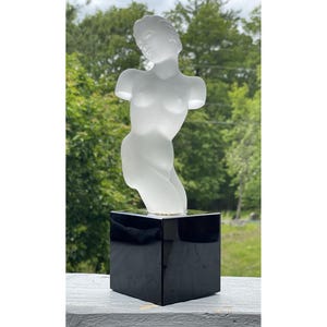 RARE Antique Art Deco Frosted Glass &#39;Ingrid&#39; Schlevogt Sculpture Black Cube Base