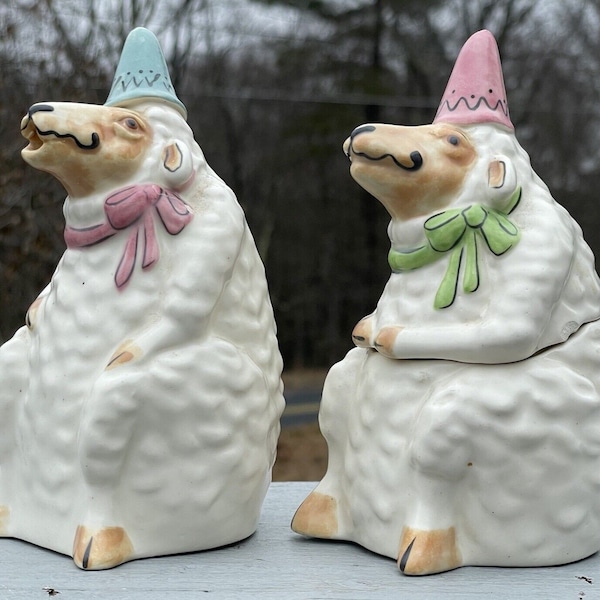 Pair of Vintage Tom Hatton Figural Ceramic Sugar & Creamer Set Sheep Lambs Cute!