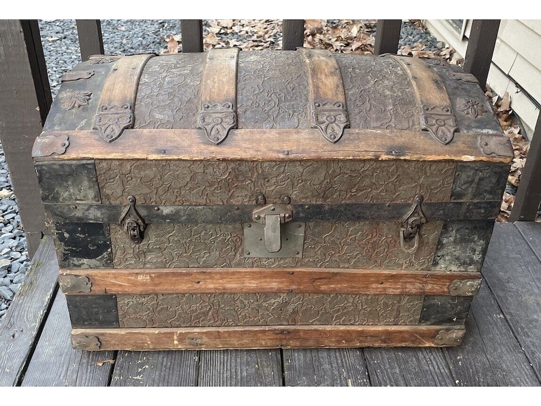 Antique 19th C. Victorian Dome Topped Tooled Leather Steamer Trunk ...