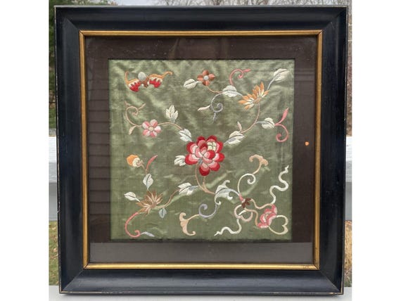 Antique Chinese Silk Embroidery Floral w/ Insects on Green Background Qing Frame