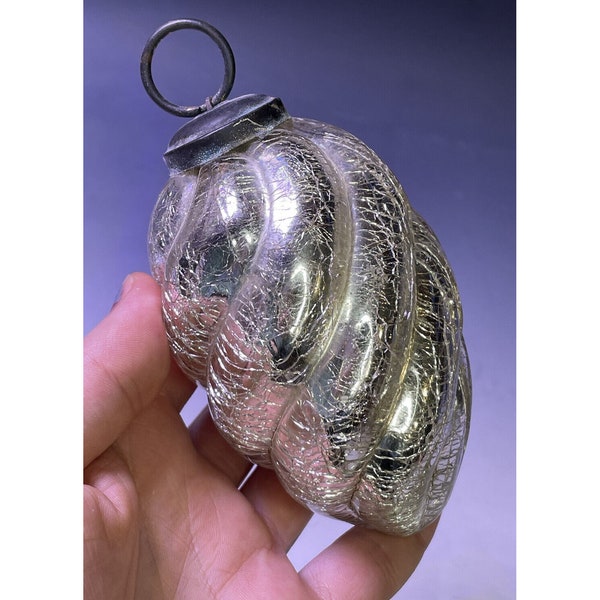 4 1/2" Vintage Crackle Mercury Glass Repr. Kugel Style Silver Ornament Christmas