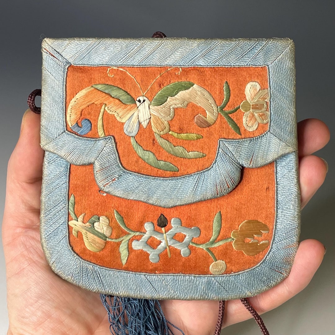 Antique Chinese Qing Dynasty Forbidden Stitch Embroidered Silk Purse ...