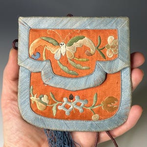 Antique Chinese Qing Dynasty Forbidden Stitch Embroidered Silk Purse Pouch
