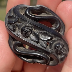 Antique Victorian Whitby Jet Hand Carved Forget Me Not Rose Mourning Brooch Pin