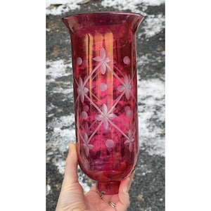 May include: A red glass candle holder with a white etched floral design. The holder has a round base and a cylindrical body.