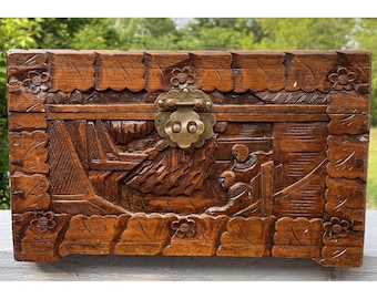Antique Chinese Hand Carved Wooden Jewelry Box Chest w/ Brass Hardware 20th C.