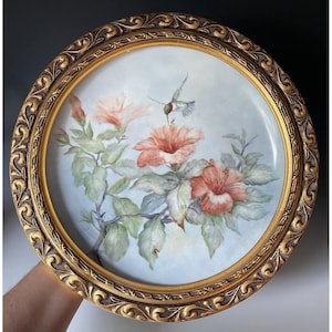 Antique Hand Painted Porcelain Wall Plate Artist Sign French Flowers Hummingbird