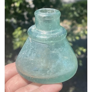19th C. Antique Aqua Cone Shaped Blue Glass Inkwell Ink Bottle
