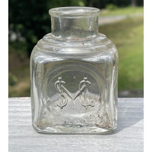 Antique Sanford&#39;s Inks Clear Embossed Inkwell Victorian Glass Bottle 19th C.