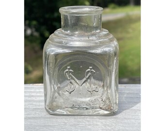 Tintero antiguo de Sanford's Inks, de vidrio victoriano con relieve transparente, siglo XIX.