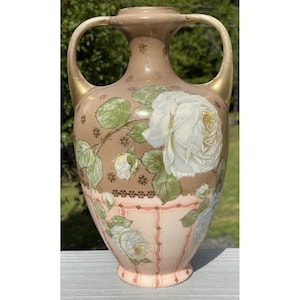 Antique 19th C. Porcelain Handled Art Nouveau White Rose Vase Brown & Pink