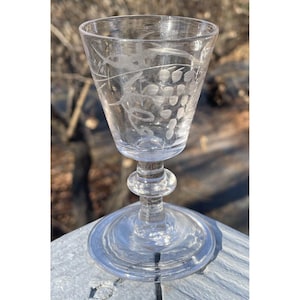 May include: Clear glass wine glass with etched floral and grape design. The glass has a flared bowl, a round stem, and a circular base. The etched design is visible on the bowl of the glass. The glass is sitting on a light grey surface.