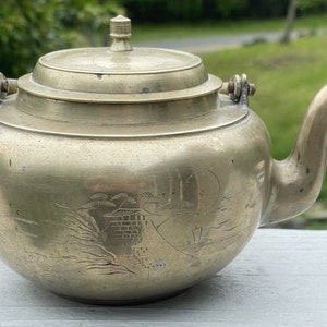 Antique - Vintage Brass Asian Chinese Metal Teapot Tea Pot Decor Design