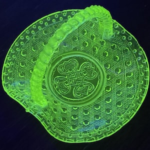 Antique Vaseline Uranium Pressed Glass Basket 19th C. UV Reactive Victorian