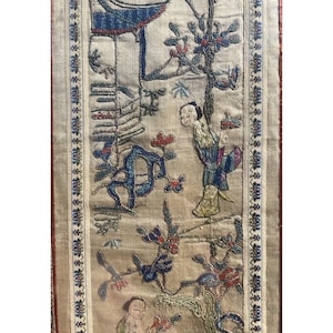 Antique Chinese Framed Forbidden Stitch Embroidered Textile Fabric Panel Sleeve