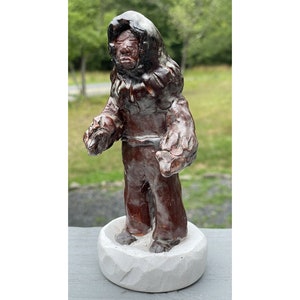 Vintage Handmade Pottery Inuit Native Redware Figurine Hunter Sculpture