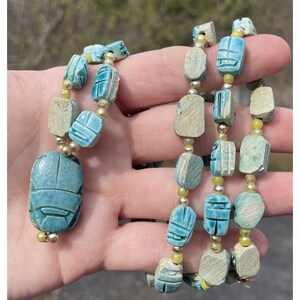 Vintage Egyptian Revival Blue Faience Glaze Scarab Beetle Necklace Retro Jewelry
