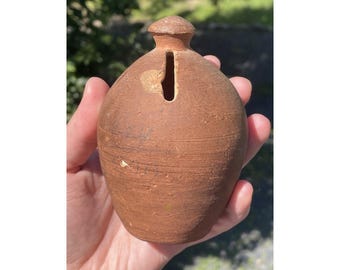 RARE Antique 19th C. Primitive Redware Beehive Ovoid Coin Bank Red Ware Pottery