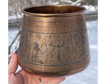 Antike ägyptische Revival Silber über geätztes Kupfer Kairoware Gefäß Topf Krug Vase